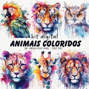 Kit 24 Animais Coloridos Aquarelas Digitais em PNG