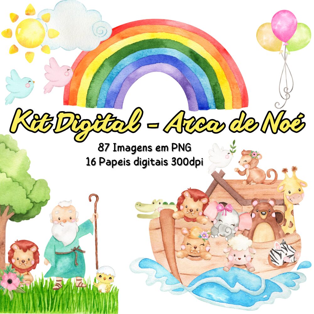 Kit Digital Arca de Noé Aquarelado em Alta Resolução 300dpi