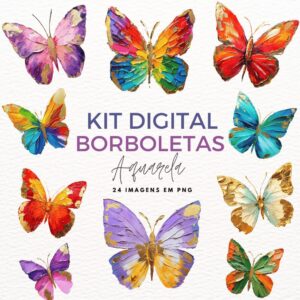 Kit Digital Borboletas em Aquarela em PNG Alta Resolução
