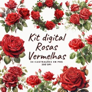 Kit 24 Rosas Vermelhas Digitais em PNG